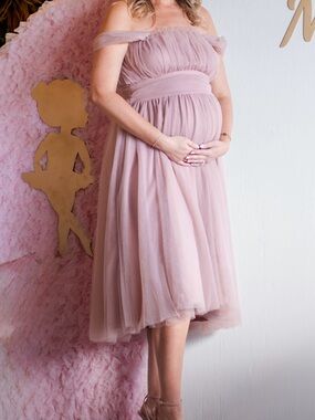 Selfie Leslie Fayette Strapless Mesh Off-Shoulder Dusty Pink Tulle Midi Dress